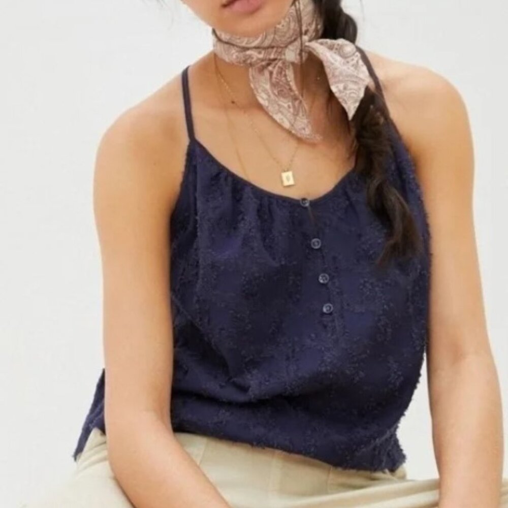 NWT Anthropologie Kit NAVY BLUE Textured Button Tank Top Women's Small